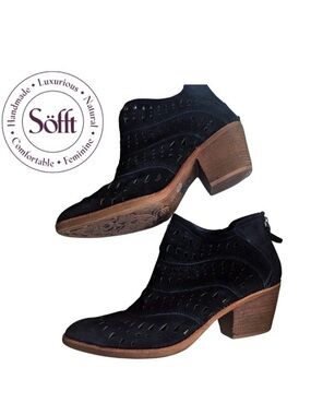 Söfft Black Westwood II Suede Laser Cutout Ankle Booties with Wood-Look Heel